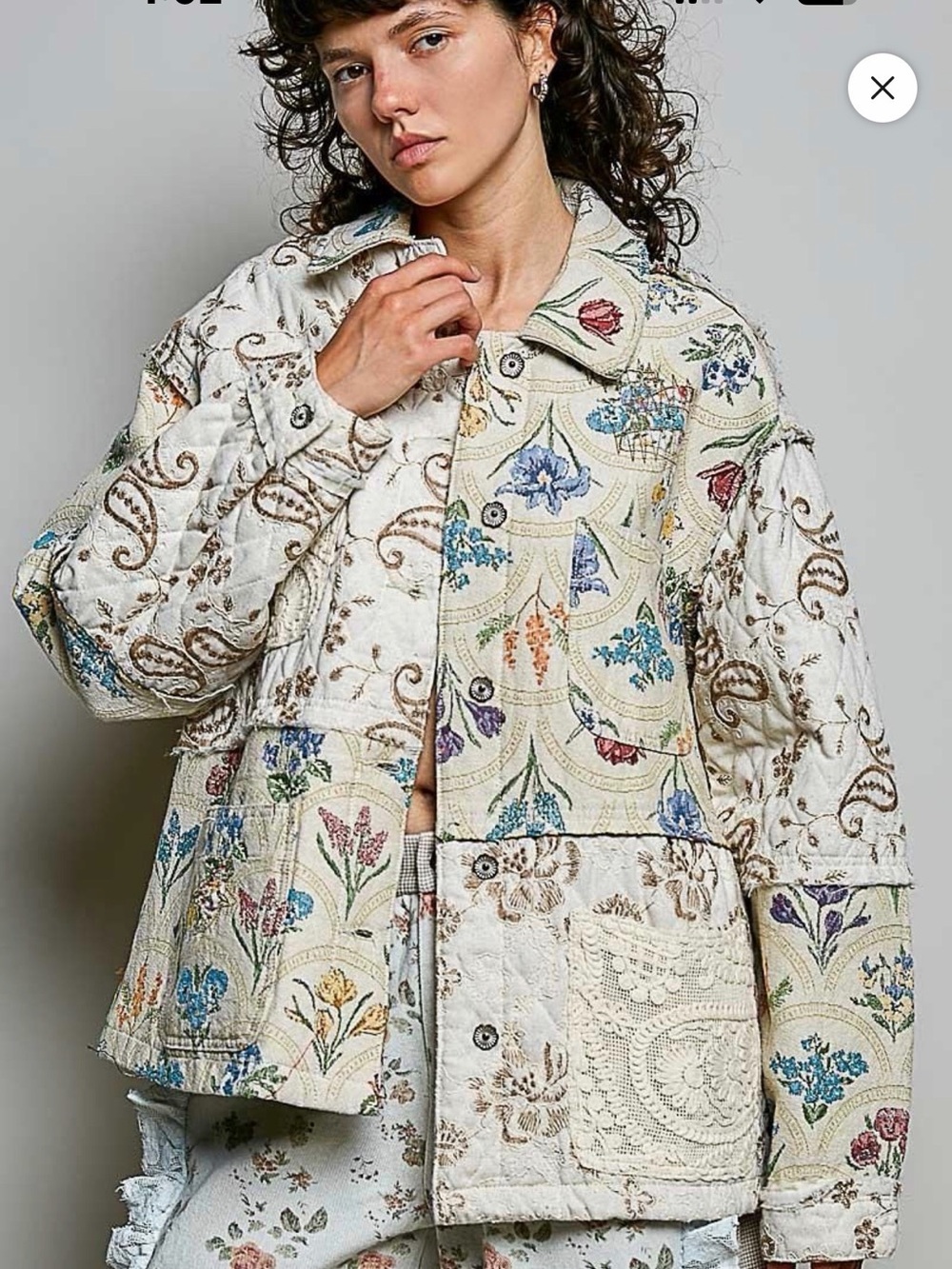 POL Cream Quilted Patchwork Floral Utility Jacket